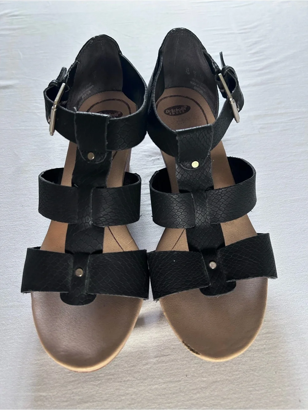Dr. Scholl's Black Textured Strappy Wedge Sandals with Wood-Tone Heel